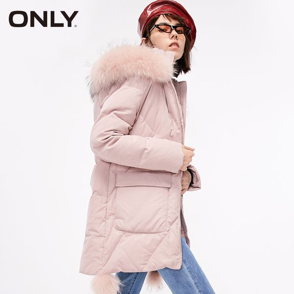 

only women raccoon fur collar decorative pompom pure color long down coat jacket|118312509, Black