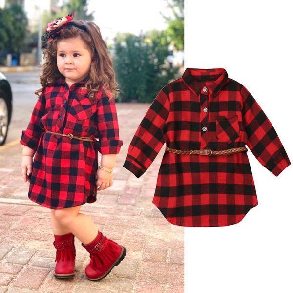 

baby girls dresses new arrival 0-5y newborn kids red plaid princess party long sleeve dress waistband clothes, Red;yellow