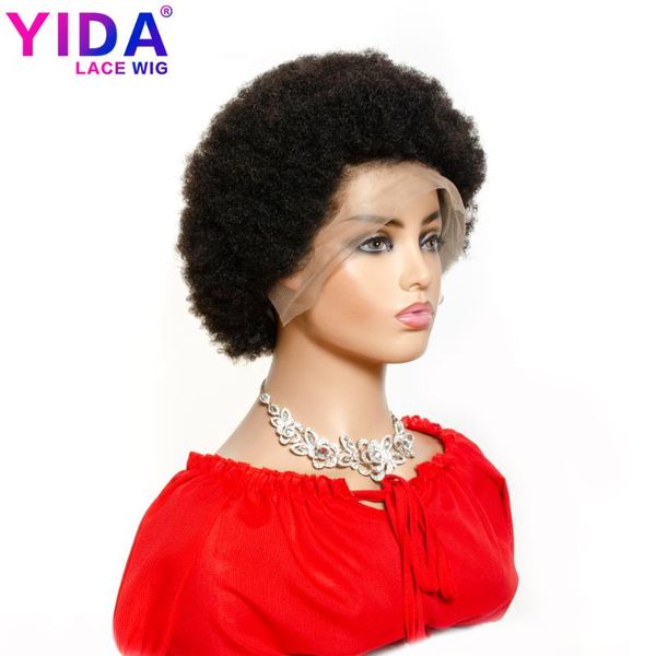 

short afro puff wig brazilian 13x4 lace front wigs natural color remy afro kinky curly human hair wigs for black women 150% yida, Black;brown