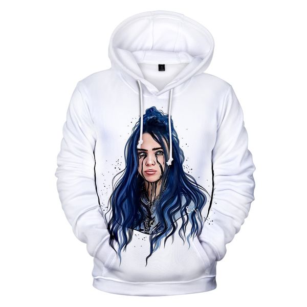 

white print american singer billie eilish 3d hoodies women men pullovers casual kids autumn billie eilish 3d hoody sweatshirts, Black