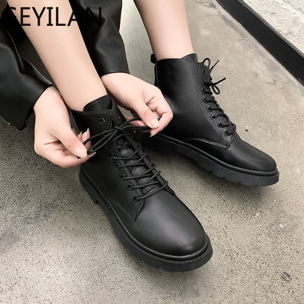 

round toe women's mid calf boots shoes low heels booties booties ladies lace up bootee woman 2020 zipper, Black