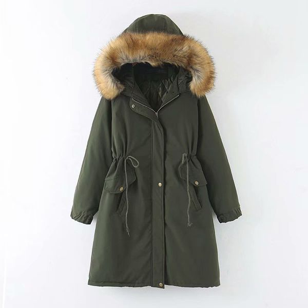 

europe and america women's dress 2019 winter new style long fur collar drawstring waist hugging hooded cotton overcoat women's, Blue;black