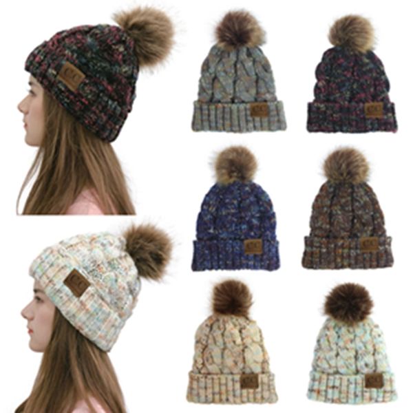 

new simple warm knitting women cc hats with ball colorful lady gifts camouflage de luxe wholesale beanie cap factory price winter hat