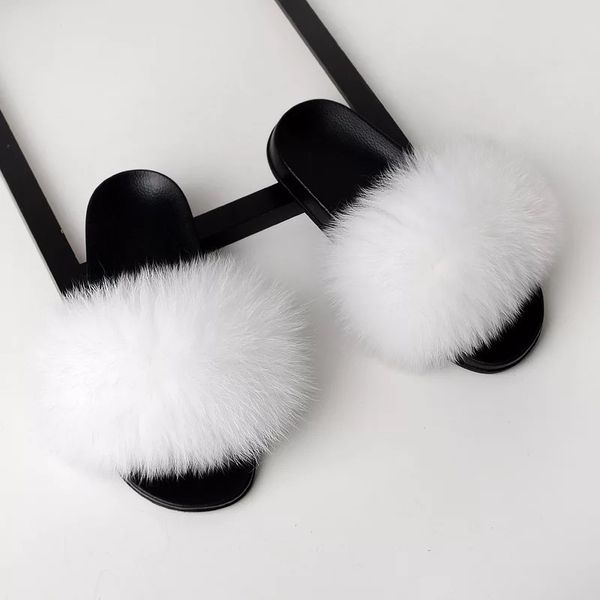 

2019 real slippers fluffy slippers fur slides fuzzy sliders soft plush fur mules summer shoes women women, Black