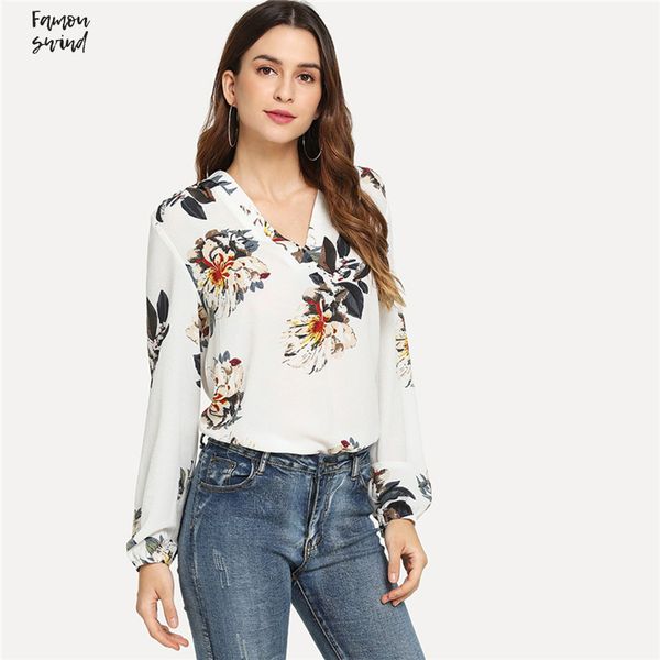 

блузы белого элегантного v neck цветочный длинный рукав workwear lady топы и осень женщина моды верхней одежда, White