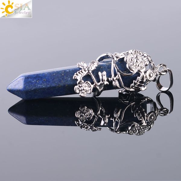 

csja ethnic tribe totem necklace pendant big size natural gems stone hexagonal prism suspension crystal jewelry pendants f430, Silver