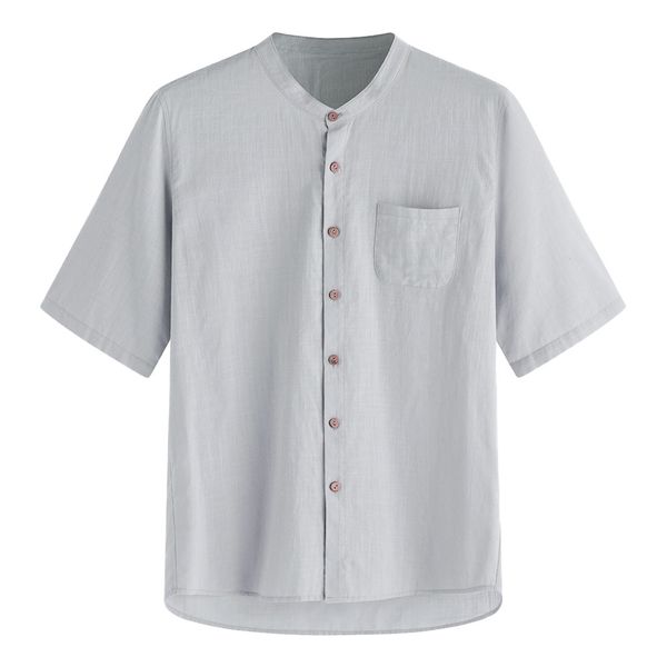 

feitong brand blouse men's baggy solid cotton linen short sleeve button pocket shirts blouse men casual shirt chemise homme, White;black