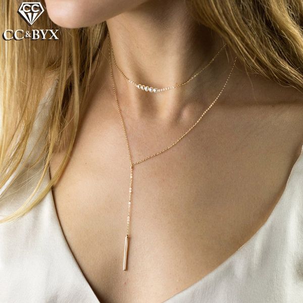 

cc stainless steel necklace for women office long necklaces fine fashion jewelry crystal pendant party imitation pearls cdnn026, Golden;silver