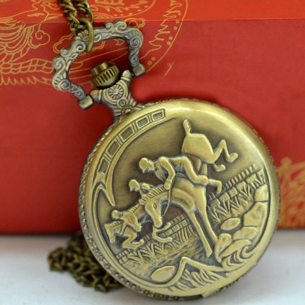 

vintage bronze three horses and three generals retro quartz gift pocket watch with waist chain, Slivery;golden