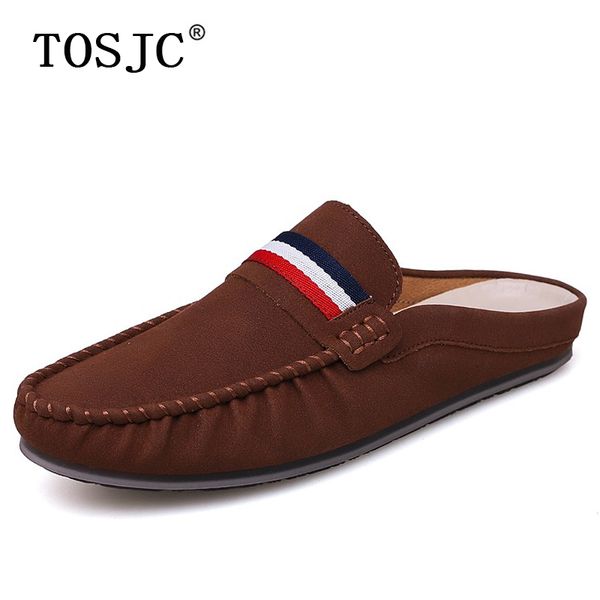 

tosjc fashion flock men half loafers outdoor lightweight mules stripe design half shoes breathable slip-on slippers flat shoes, Black