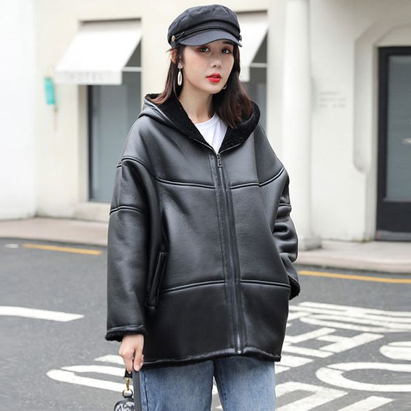 

2019 winter new women lamb fur bomber real leather jacket sheepskin double face shearling coat oversized hooded leather jacket, Black