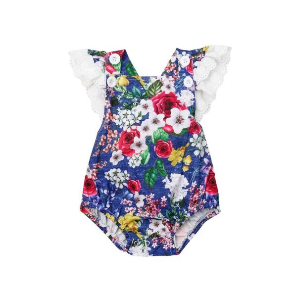 

0-24m newborn baby girls large print floral romper bodysuit playsuit summer clothes, Blue