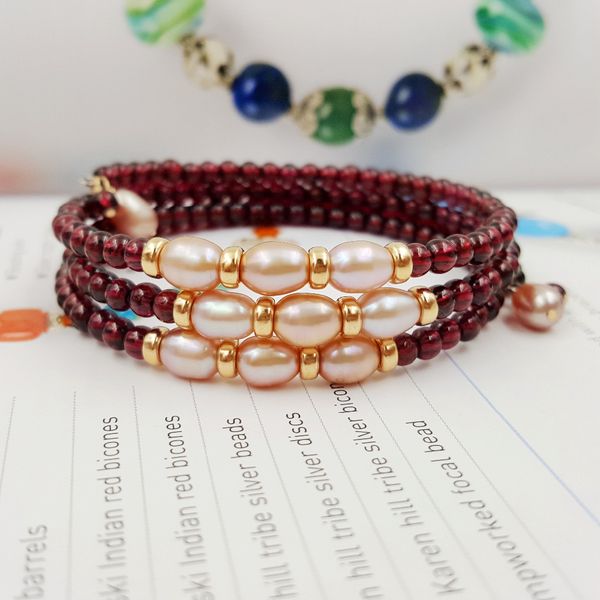 

lii ji red garnet freshwater pearl 3 rows bracelet natural stone 3-4mm bead 925 sterling silver gold plated memory bracelet, Golden;silver