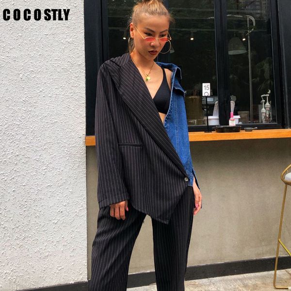 

осень джинсовый лоскутный пиджак для женщин воротник отворот хит цвет асимметричный пальто женская мода пиджак одежда 2019 новый, White;black