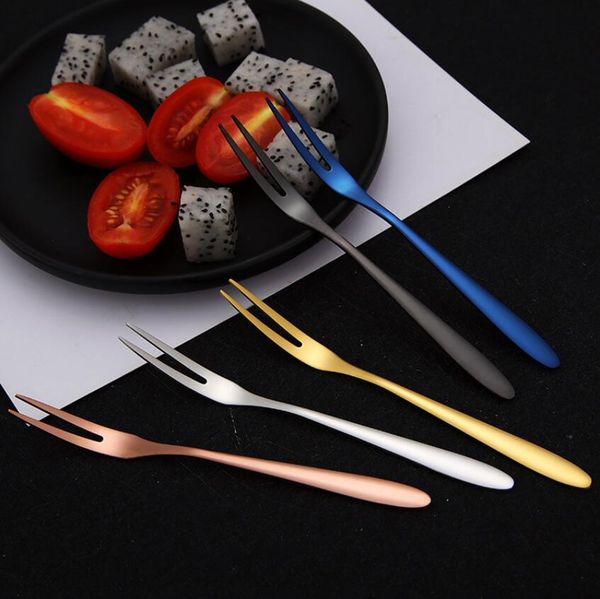 

stainless steel fruit fork two-tine dessert cake scraper salad two-tine fork tableware dinnerware cutlery kitchen supply bar tool 5 colors