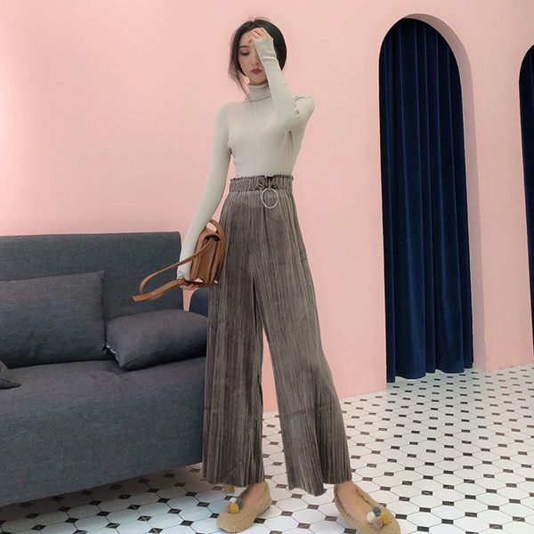 

lychee girls solid velvet pleated women pants ring loose spring autumn lady bottoms frill high waist wide lag female trousers, Black;white