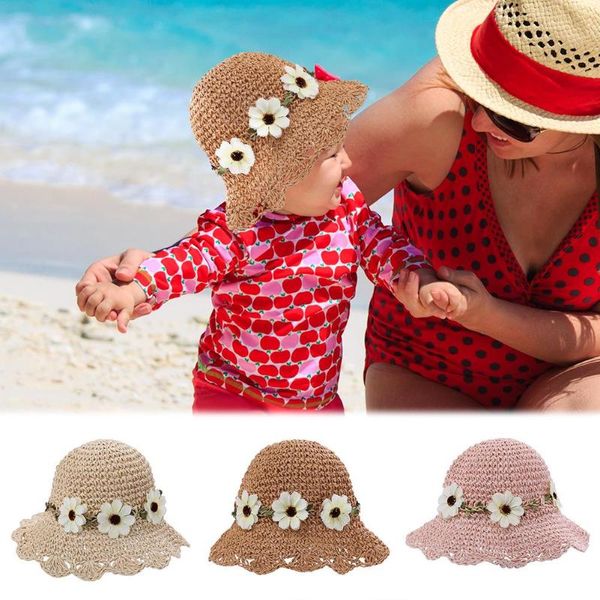 

chic summer kids floral decor straw hats children beach baby girls sunhat parent-child fashionable handmade casual foldable cap, Yellow