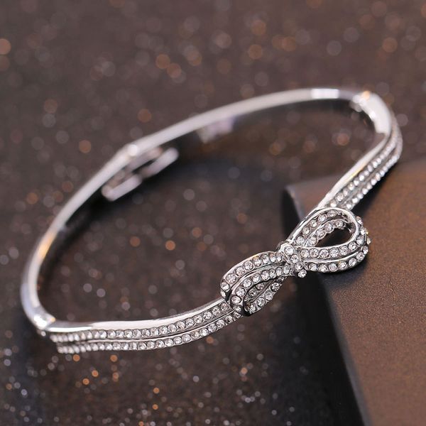 

elegant crystal rhinestone bowknot bow bangle bracelet silver plated metal bangles for women, Black
