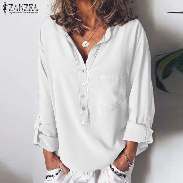 

v neck button blusas women's blouse 2019 zanzea female casual chemise woman tunic plus size long sleeve shirts, White