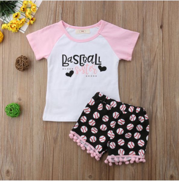 

fashion children baby girl set football printing short sleeve cotton and casual shorts kid two-piece outfit set, White