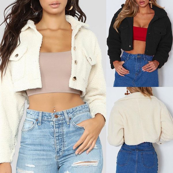 

fashion autumn and winter jacket ladies warm thicken lapels solid color short plush jacket j thicken lapels short plush, Black