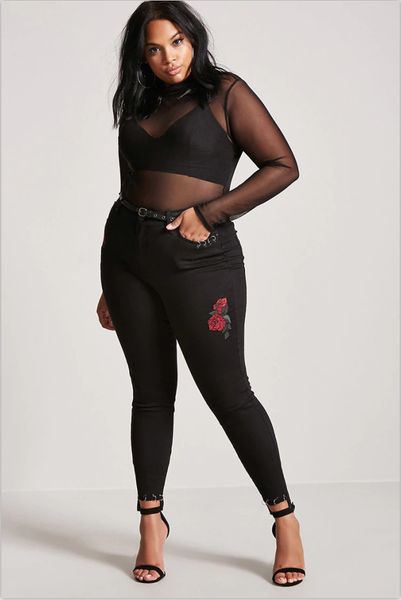 

casual lady large size 7 xl pencil pants slim slimming denim pants embroidery hole big flower feet pants, Blue