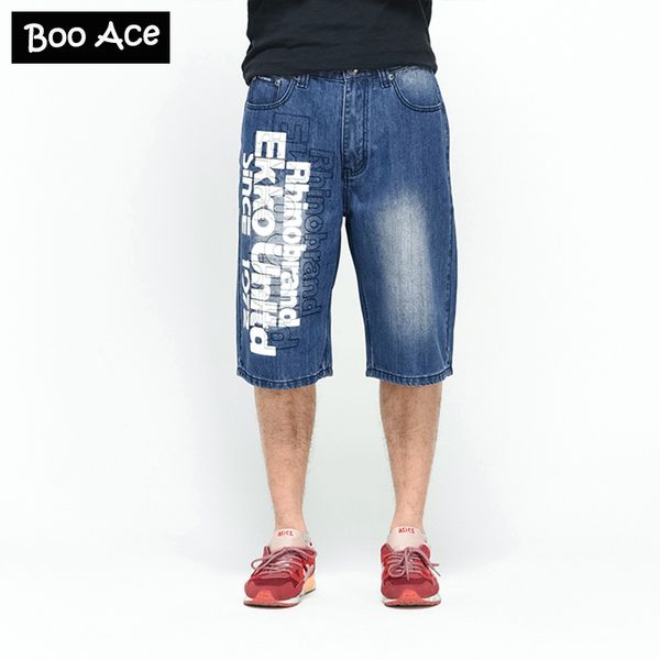 

summer mens hip hop baggy pants denim printed jeans shorts for mens skateboard shorts plus size 30-46 fs4946, Blue
