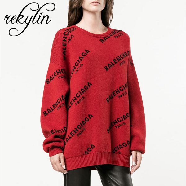 

2019 autumn and winter european female new letter printing weater loo e round neck long weater warm knitted, White;black