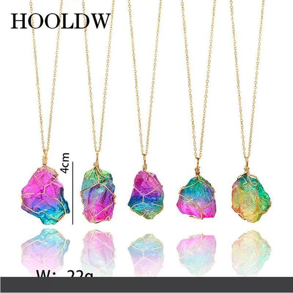 

hooldw new rainbow natural stone crystal pendant necklace wire wrapping irregular drusy quartz stone necklaces for women gift, Silver