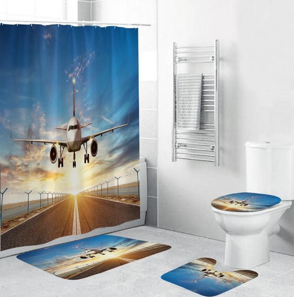 

shower curtains dawn blue sky plane take off printed bathroom waterproof curtain rug lid carpet toilet cover set bath mat