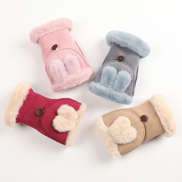 

2018 new suede half finger gloves flip ladies autumn and winter warm outdoor plus velvet thick cute, Black