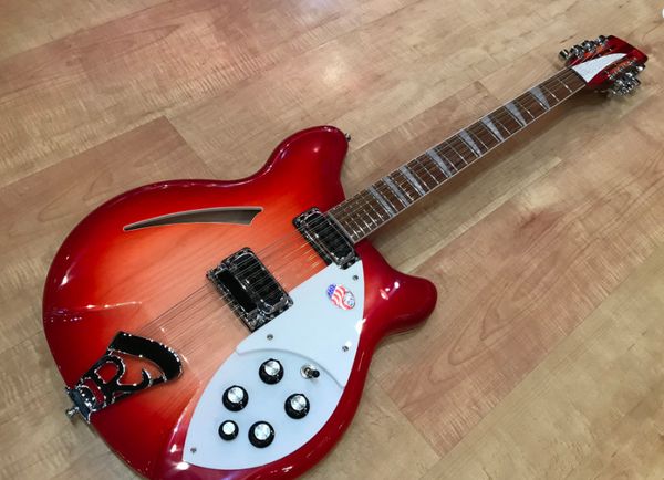 

deluxe ric fire glo cherry sunburst 360 12 strings electric guitar semi hollow body, gloss varnish fingerboard, two output jacks, 5 knobs