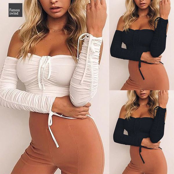 

sexy crop топы женщин плеча бинт мода clubwear лето тощий ruched твердая casual tee топы, White