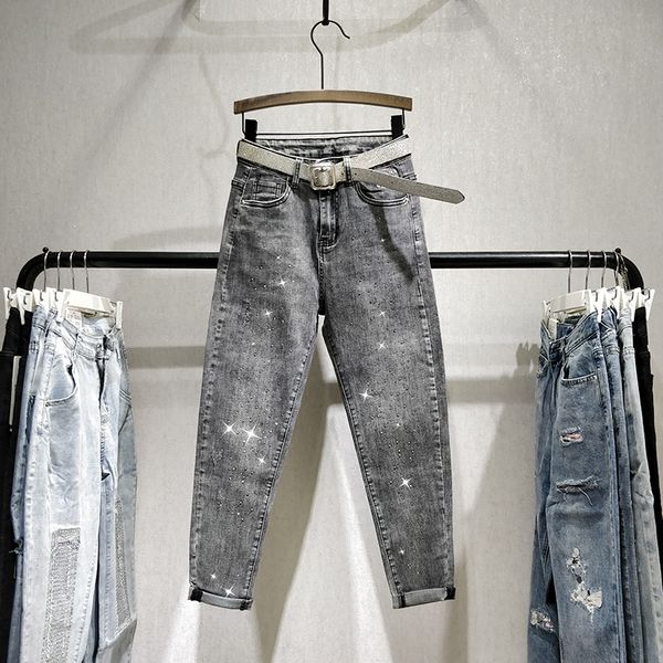 

европейский плюс размер высокой талией джинсы женщин весна черный серый горячие drilling сыпучие-fit шаровары женские джинсы nancylim, Blue