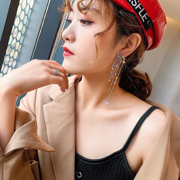 

s925 sterling silver needle кристалл sexy длинной большая кисточка звезда подвеска мотаться серьги для ювелирных изделий женщины девушки мод, Golden;silver