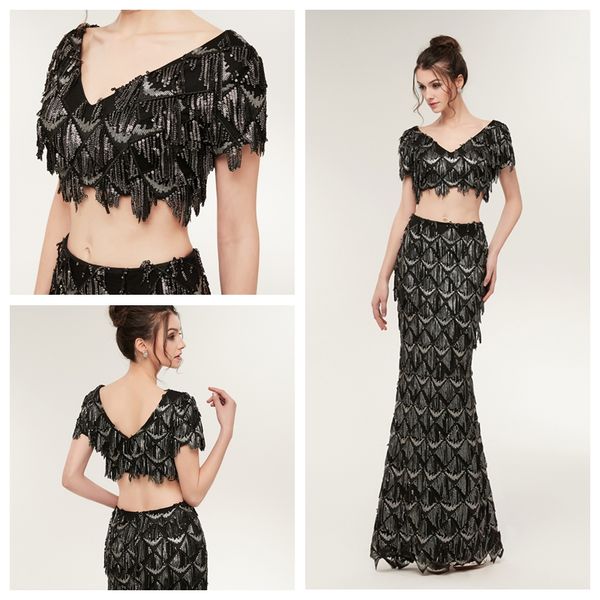 

ms645 elegant v-neck tassel black sequin two piece prom dress short sleeve floor length a line cocktail dress tulle black party dress