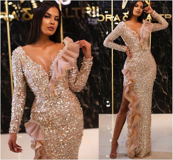 

arabic aso ebi gold sparkly evening dresses sheer neck sequined prom dresses high split formal party second reception gowns zj225, Black