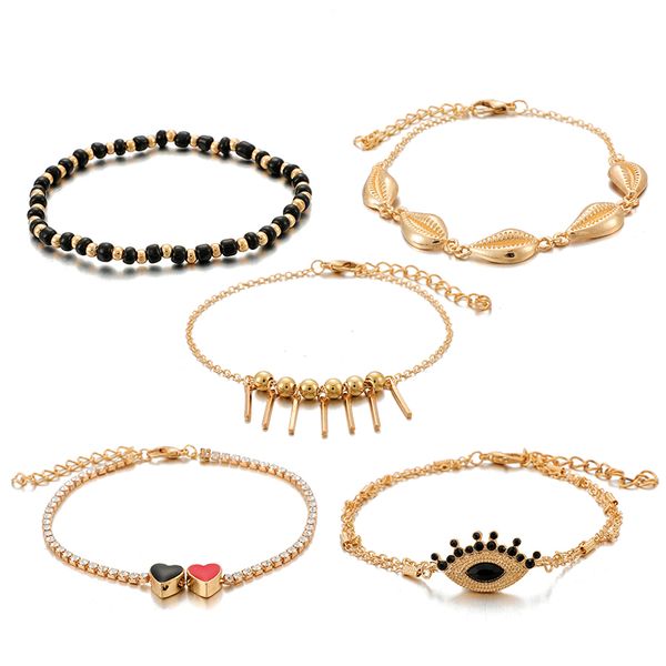 

tocona 5pcs/set fashion silver gold shell tassel anklet for women layered hearts pendant eye anklet on the leg jewelry 9546, Red;blue