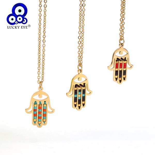 

lucky eye miyuki hamsa hand pendant necklace gold color chain stainless steel charm necklace jewelry for women female ey6399, Silver