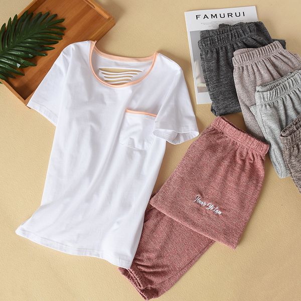 

summer pajamas for women white t-shirt + multi-color loose stretch foot pants sleepwear cotton loungewear pijama home clothes, Black;red