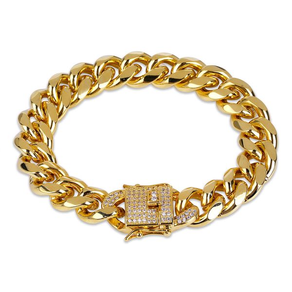 

6mm-14mm hip hop cuban chain bracelet full zircon dragon buckle 18k real gold plated cool men bangle jewelry, Black