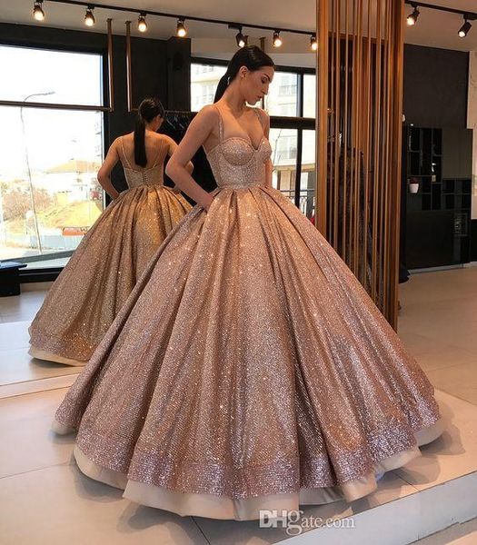 

Розовое золото Sparkly Дизайнер бальное платье Quinceanera Пром платья с лямками спагетти