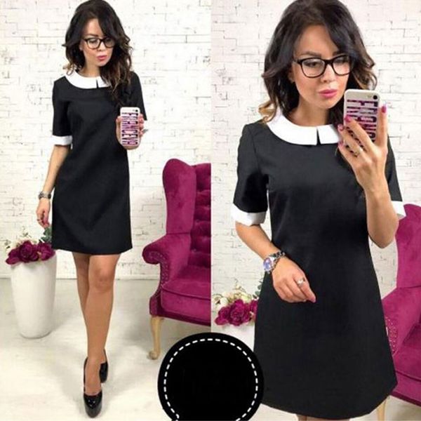 

designer dresses woman clothing solid peter pan collar women casual short sleeve dresses slim fashion party dress female, Black;gray