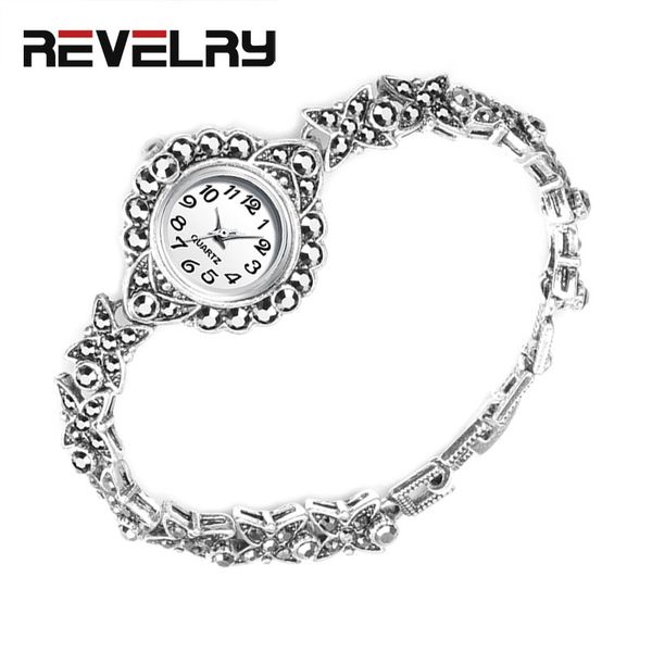 

revelry 2019 new luxury vintage quartz watch women fashion antique silver women's watches bright black crystal bracelet watch, Slivery;brown