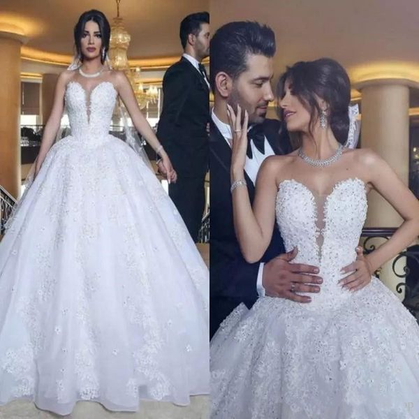 

2019 new middle east sweetheart princess a line wedding dresses lace appliques beaded backless bridal gowns vestios pus size wedding dress, White
