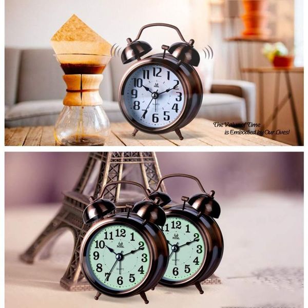 

alarm clock vintage retro silent pointer clocks round number dual bell loud alarm clock bedside night light home decors