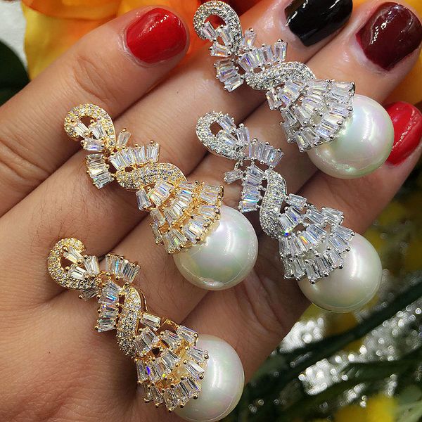 

godki imitation pearl full cubic zirconia cz engagement wedding party nightclub silver statment earring