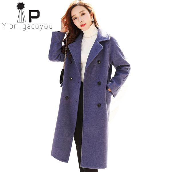 

fashion women wool coat autumn winter long woolen coat women double breasted overcoat plus size vintage blue wool jacket female, Black