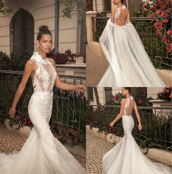 Elihav Sasson 2019 Abiti da sposa a sirena con mantella senza maniche in pizzo Abiti da sposa Backless Sweep Train Abito da sposa economico