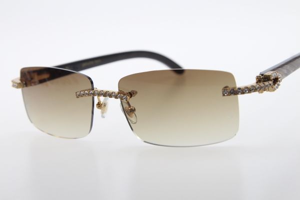 

2020 wholesale rimless glasses new 3524012 diamond rimless black flower buffalo horn sunglasses men stone glasses brown with box, White;black